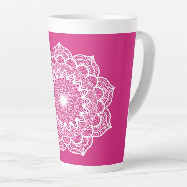 White Mandala on Pink Background Latte Mug (Right Angle)