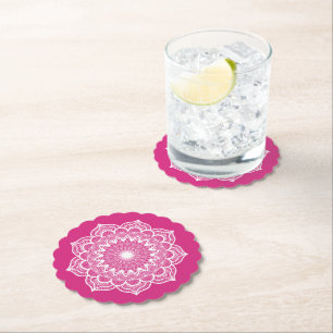 White Mandala on Pink Background Paper Coaster