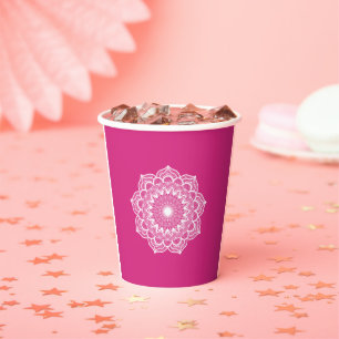 White Mandala on Pink Background Paper Cups