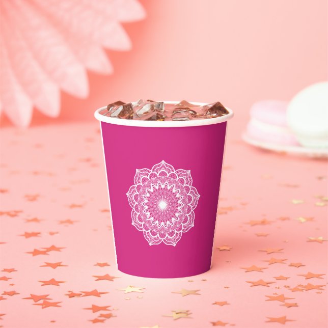 White Mandala on Pink Background Paper Cups (Insitu)