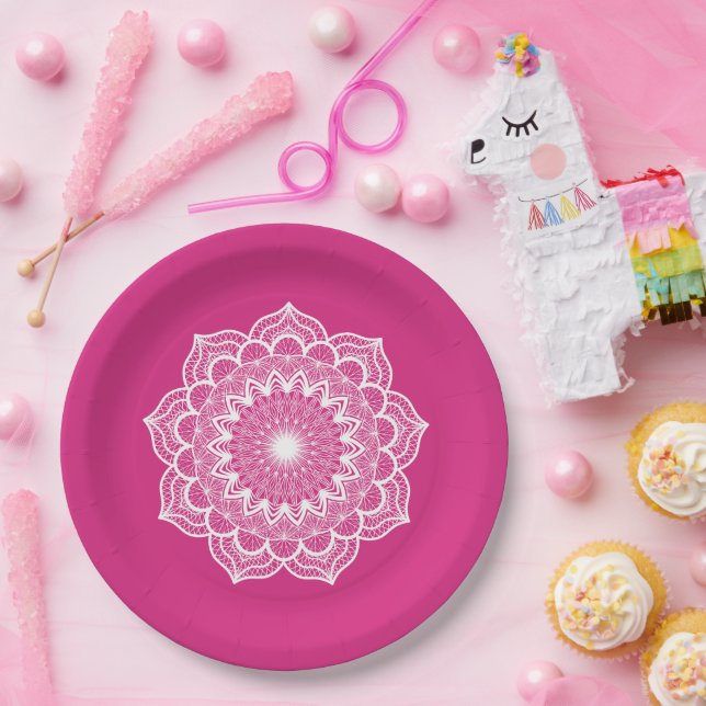 White Mandala on Pink Background Paper Plate (Party)