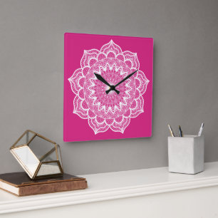 White Mandala on Pink Background Small Square Wall Clock