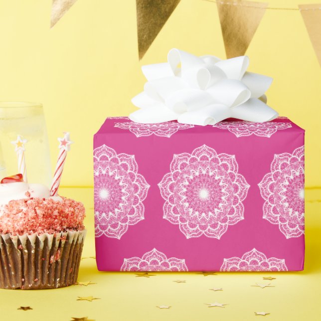White Mandala on Pink Background Wrapping Paper (Birthday Party)