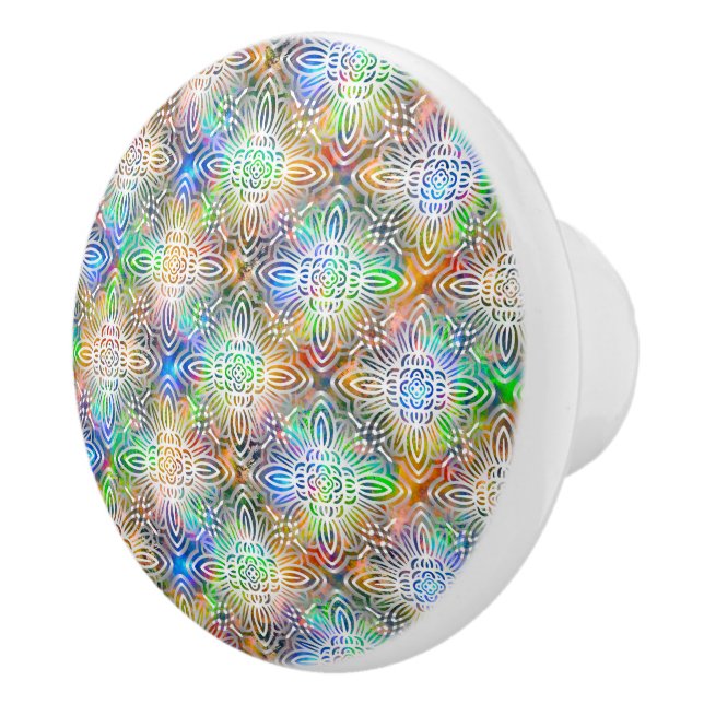 White Mandala Pattern Over Colourful Jewel Tones Ceramic Knob (Right)