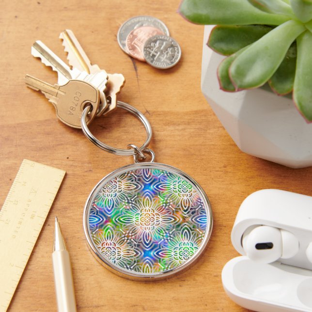 White Mandala Pattern Over Colourful Jewel Tones Key Ring (Desk)