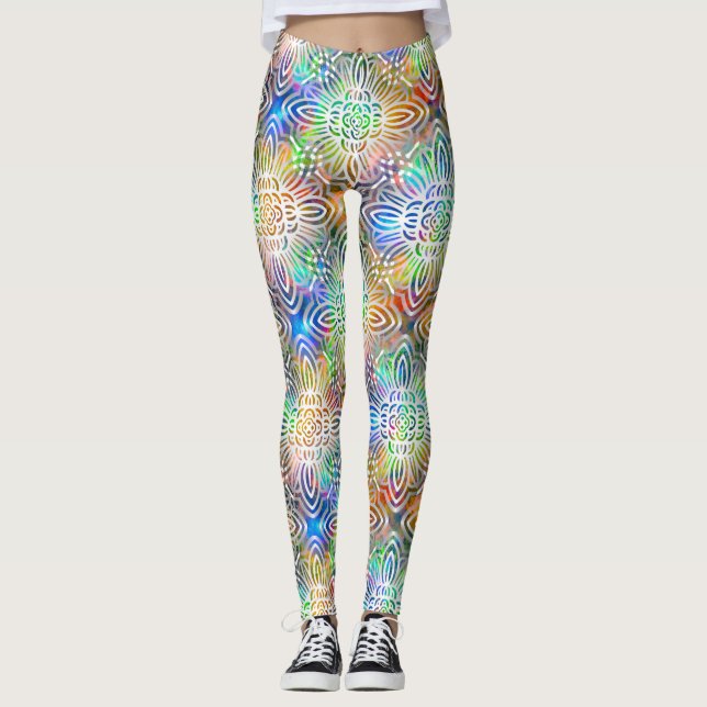 White Mandala Pattern Over Colourful Jewel Tones Leggings (Front)