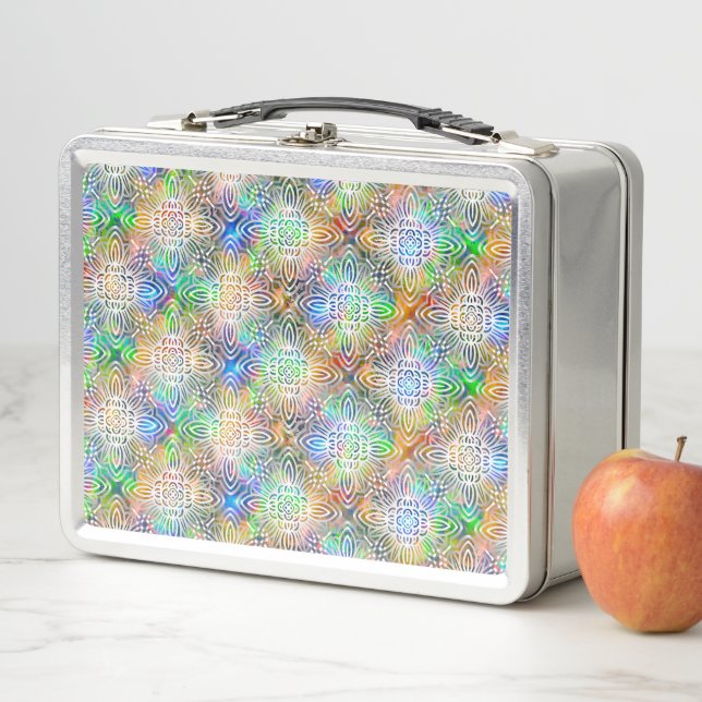 White Mandala Pattern Over Colourful Jewel Tones Metal Lunch Box (In Situ)