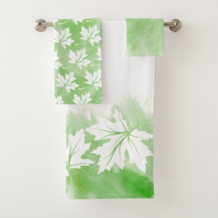White maple leaf green watercolor wash, monogram bath towel set