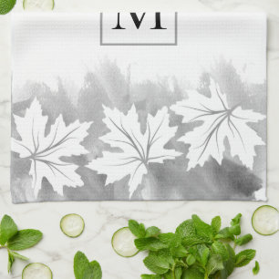 White maple leaf grey watercolor wash, monogram tea towel