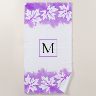 White maple leaf purple watercolor wash, monogram beach towel