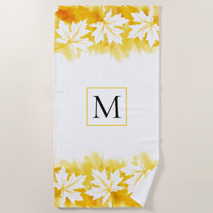 White maple leaf yellow watercolor wash, monogram beach towel