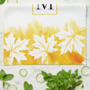 White maple leaf yellow watercolor wash, monogram tea towel