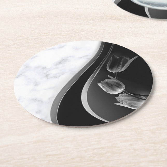 White Marble Abstract Tulips Round Paper Coaster (Angled)