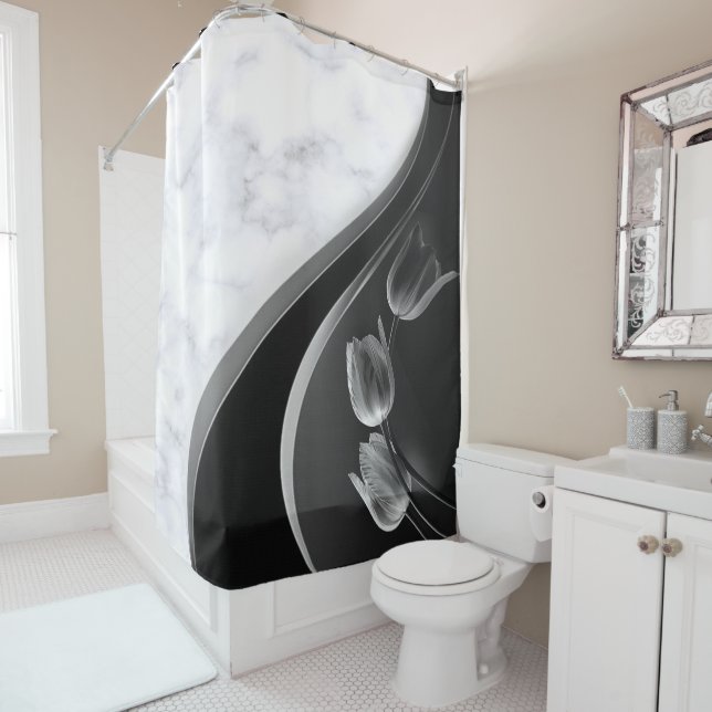 White Marble Abstract Tulips Shower Curtain (In Situ)