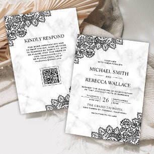 White Marble and Black Lace QR Code Wedding Invitation