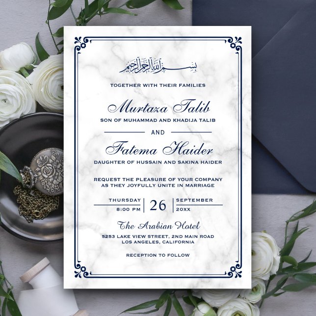 White Marble and Blue Border Muslim Wedding Invitation (Creator Uploaded)