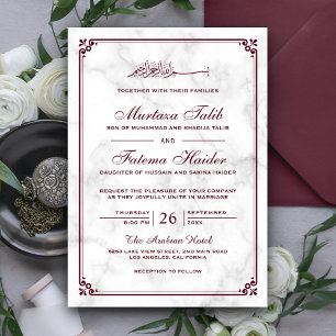 White Marble and Burgundy Border Muslim Wedding Invitation