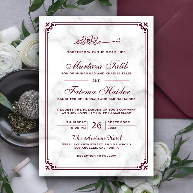 White Marble and Burgundy Border Muslim Wedding Invitation (Creator Uploaded)