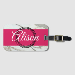 White marble and fuchsia pink girly add name luggage tag