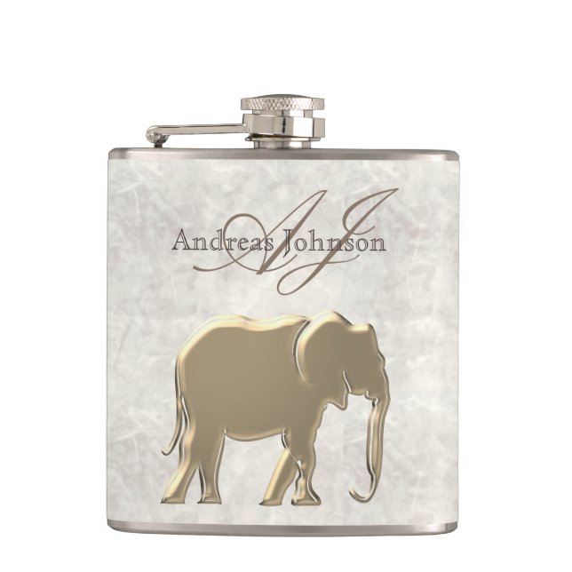 White Marble and Gold Elephant Elegant Monogrammed Hip Flask (Front)