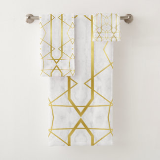 White Marble and Gold Geometric pattern Bath Towel Set