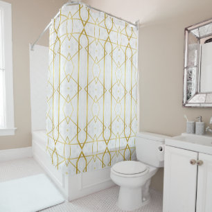 White Marble and Gold Geometric pattern Shower Curtain