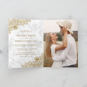 White Marble and Gold Lace Photo QR Code Wedding Invitation