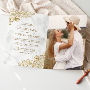 White Marble and Gold Lace Photo QR Code Wedding Invitation