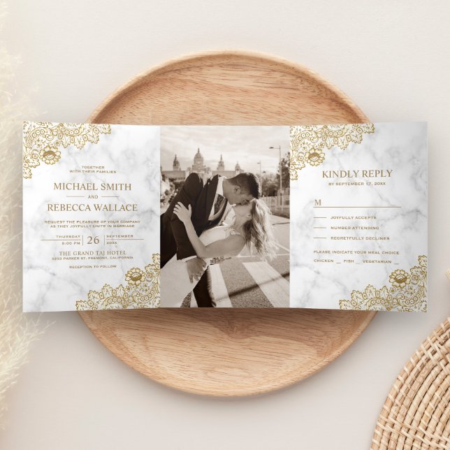 White Marble and Gold Lace Wedding Photo Tri-Fold Invitation (Creator Uploaded)