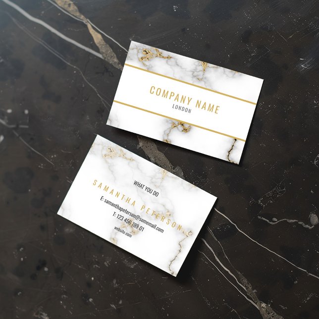 White Marble and Gold Modern Minimalist Profession Business Card (Elegant white and gold business card with a marble design, featuring a minimalist layout on black)