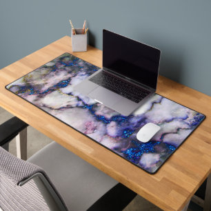 White Marble And Pink And Blue Glitter Desk Mat
