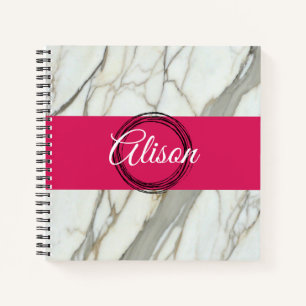 White marble and pink fuchsia custom name girly notebook