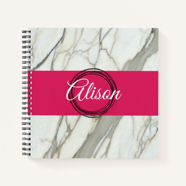 White marble and pink fuchsia custom name girly notebook (Front)