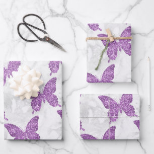 White Marble and Purple Glitter Butterflies Wrapping Paper Sheet