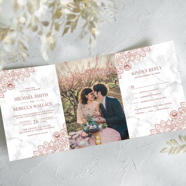 White Marble and Rose Gold Lace Wedding Photo Tri-Fold Invitation (Creator Uploaded)