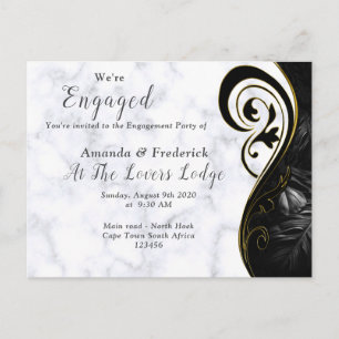 White Marble - Black Abstract Engagement Invitation Postcard