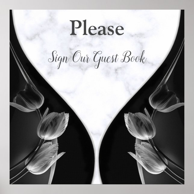 White Marble - Black Abstract Tulips Guest Book (Front)