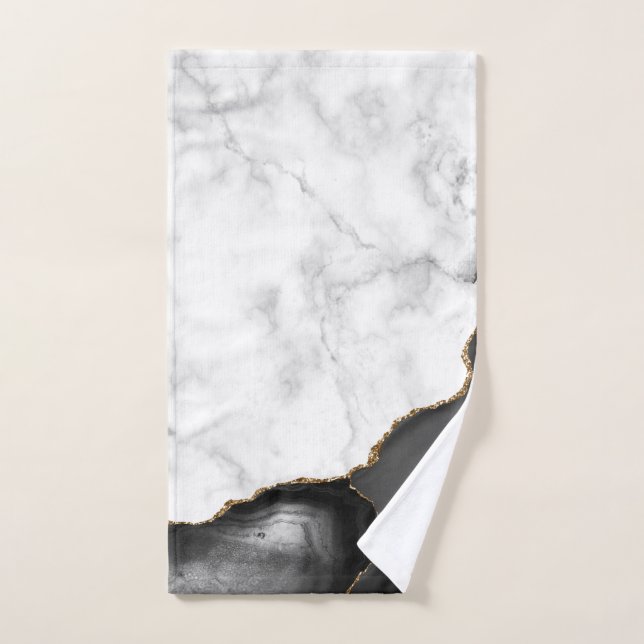 White Marble Black Agate Gold Glitter Hand Towel (Hand Towel)