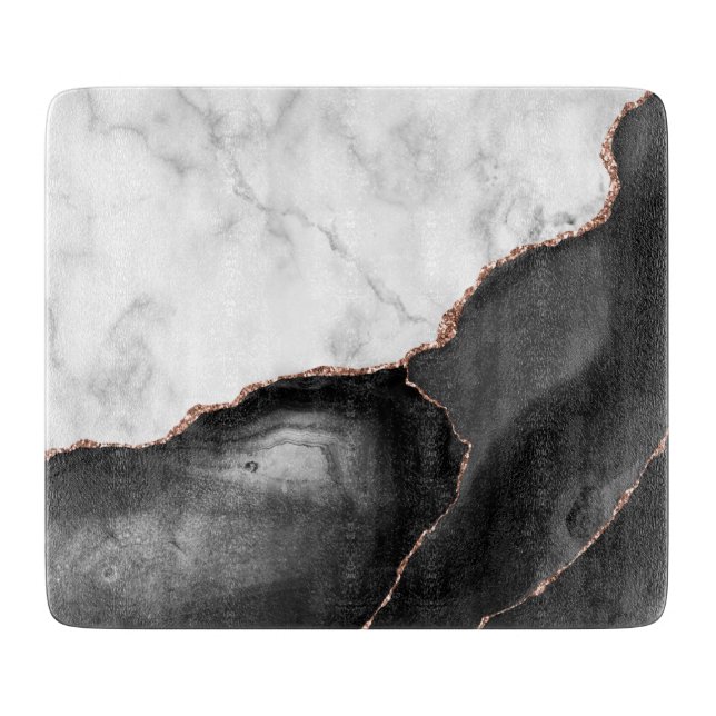 White Marble Black Agate Rose Gold Glitter Cutting Board (Front)
