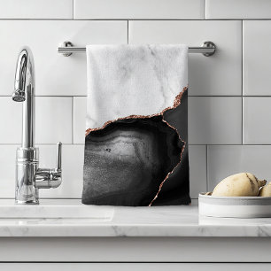 White Marble Black Agate Rose Gold Glitter Hand Towel