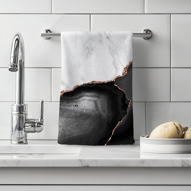 White Marble Black Agate Rose Gold Glitter Hand Towel (Creator Uploaded)