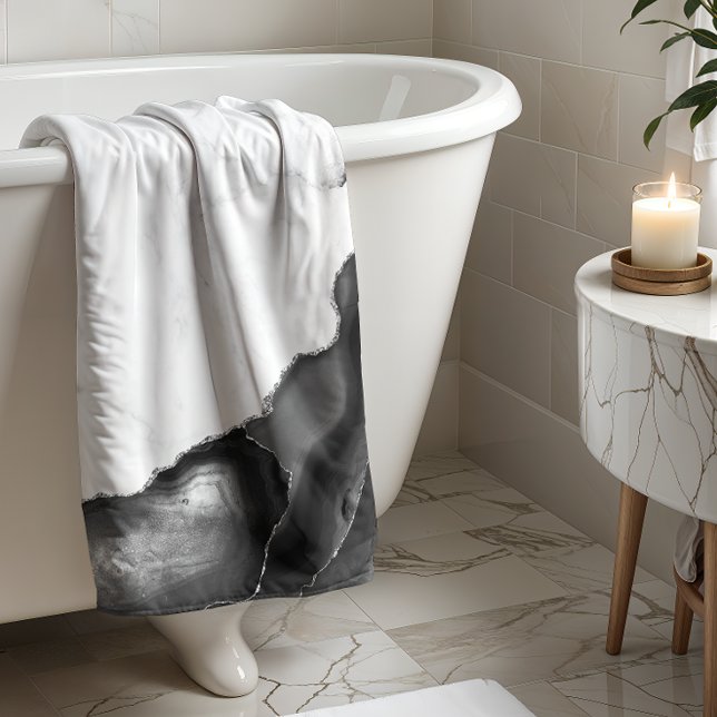 White Marble Black Agate Silver Glitter Bath Towel (Creator Uploaded)
