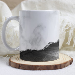 White Marble Black Agate Silver Glitter Coffee Mug