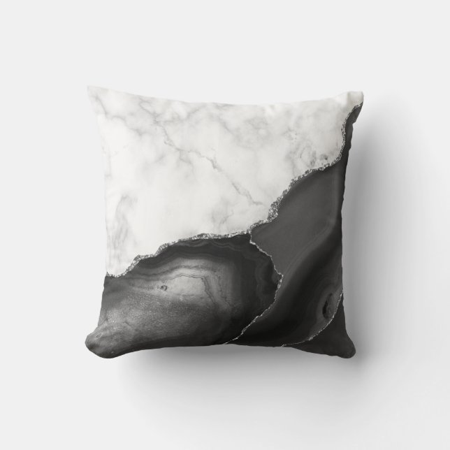 White Marble Black Agate Silver Glitter Cushion (Front)