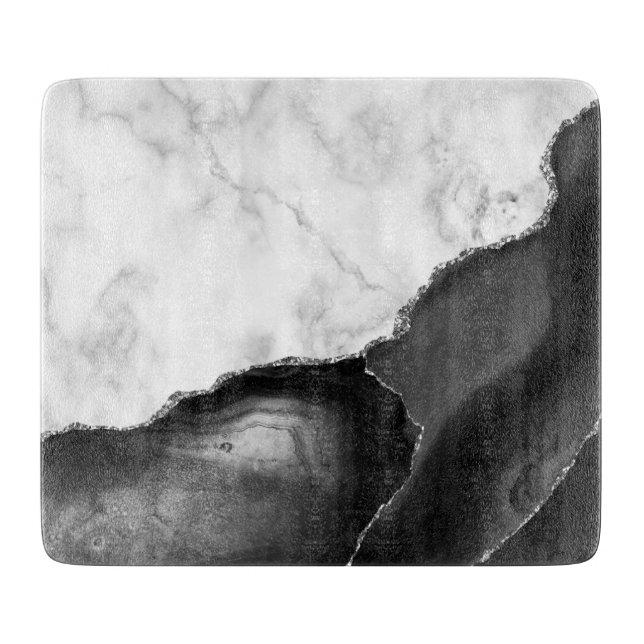 White Marble Black Agate Silver Glitter Cutting Board (Front)