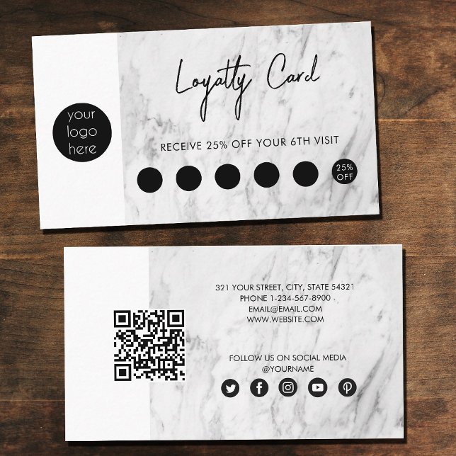 White Marble Black Business Logo QR Code Loyalty  Business Card (Creator Uploaded)