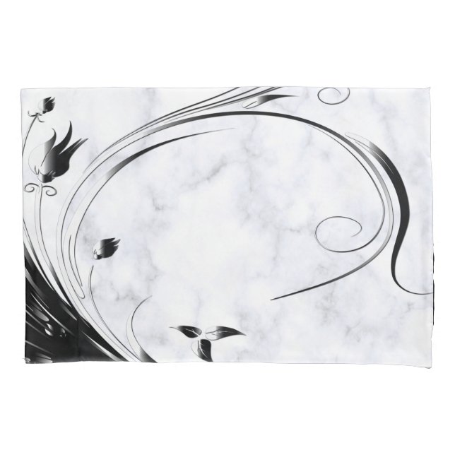 White Marble, Black Filigree Graphic Pillowcase (Front)
