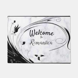 White Marble, Black, Gold Filigree Doormat