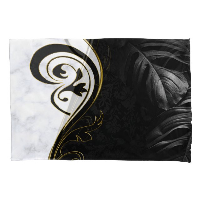 White Marble, Black, Gold Filigree Graphic Pillowcase (Front)