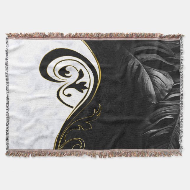 White Marble, Black, Gold Filigree Throw Blanket (Front)